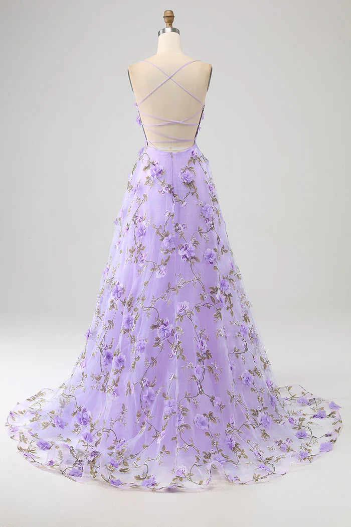 Robe Weitese lilas trapèze à bretelles spaghetti, robe de soirée longue avec fleurs 3D, robe de bal